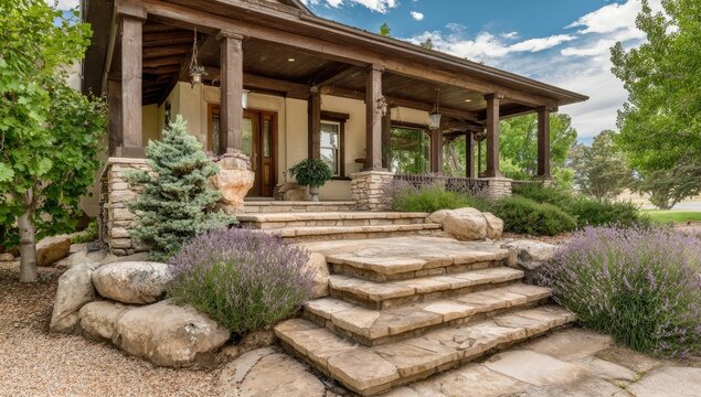 Stone steps lead to a covered porch with a wooden door, surrounded by lush landscaping