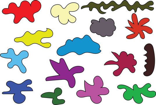 Abstract colorful liquid splash shapes set isolated on transparent background with organic flowing blob vector elements.
