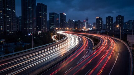Dynamic city highway at night, long exposure captures vibrant light trails from moving vehicles, urban skyline. © Michelle