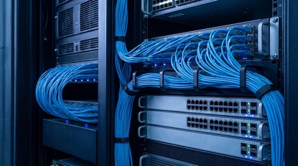 Obraz premium Close-up of server racks with neatly arranged blue network cables, showcasing modern data center infrastructure.