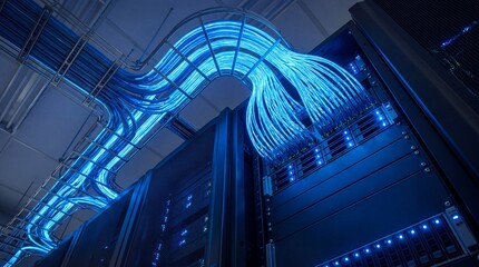 Low angle view of glowing blue network cables running through server racks in a high-tech data...