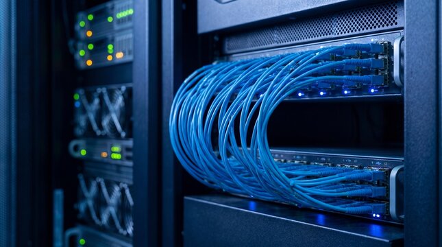 Server room interior with multiple racks of equipment, highlighting blue network cables and blinking lights.
