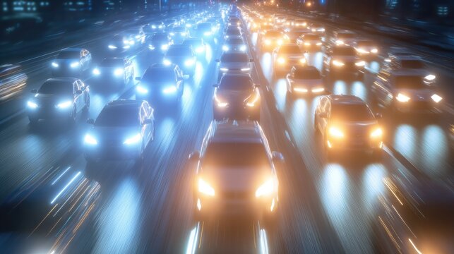 Nighttime Urban Traffic with Bright Headlights and Tail Lights in Motion, Capturing Speed and Energy of a Busy City Road Scene