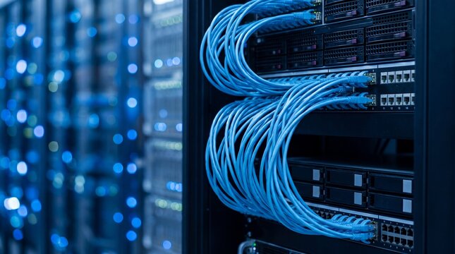 Close-up photograph of blue network cables on server rack in a modern data center, symbolizing high-speed connectivity.