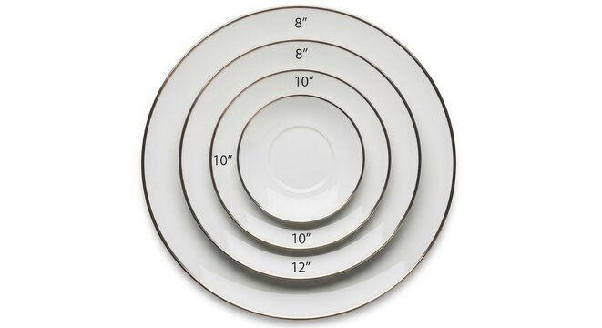 Stacked white measuring plates with sizes labeled for baking and cooking on clean background