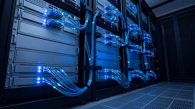 Wide photograph of server racks with blue network cables in a modern data center, highlighting digital infrastructure.