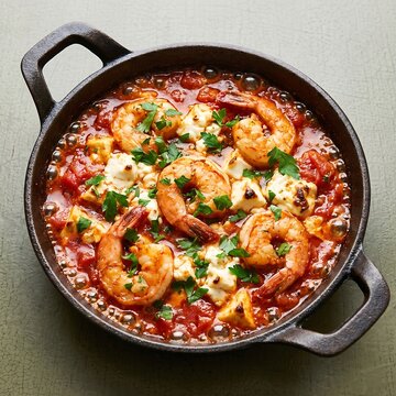 Garides Saganaki (shrimp saganaki) in a bubbling tomato sauce with melted feta cheese and fresh parsley. Served in a traditional small copper or cast-iron pan. Square format. 1:1 ratio