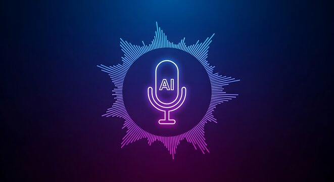 Ai voice assistant concept, artificial intelligence technology, neon microphone icon with sound wave frequency visualization on dark blue background