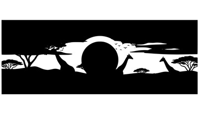 : African giraffe silhouette panorama with dramatic sunset sky in safari vector illustration © Nasim