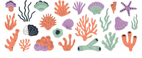 Naklejka premium Colorful coral reef Underwater coral reef and seashell vector set, colorful marine life elements isolated illustration