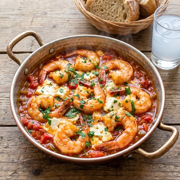 Garides Saganaki (shrimp saganaki) in a bubbling tomato sauce with melted feta cheese and fresh parsley. Served in a traditional small copper or cast-iron pan. Square format. 1:1 ratio