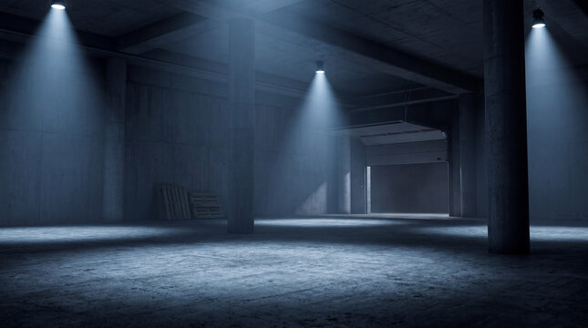 Industrial concrete warehouse interior with bright spotlights illuminating the empty space.