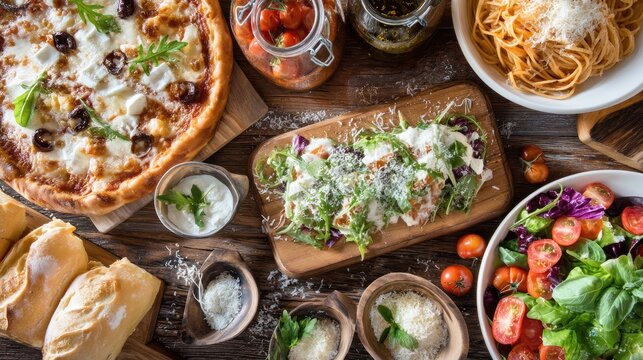 Delicious Italian Cuisine Table Spread with Pizza, Pasta, Salad, Fresh Tomatoes, and Cheesy Delights for a Satisfying Meal Experience