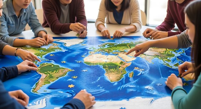 Diverse Group of People Playing World Map Puzzle at Table