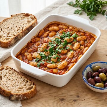 Gigantes Plaki (giant beans in tomato sauce) in a white ceramic baking dish, garnished with fresh flat-leaf parsley. Next to it, a crusty piece of sourdough bread and a small bowl of olives. Square fo