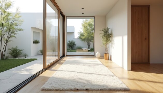 Modern minimalist house interior connects to lush green garden. White walls wood accents create calm serene living space. Large glass doors frame tranquil nature view.