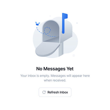 An open empty mailbox with a small fly buzzing inside, representing a "no messages yet" or empty inbox state for email and communication app interfaces. Vector illustration