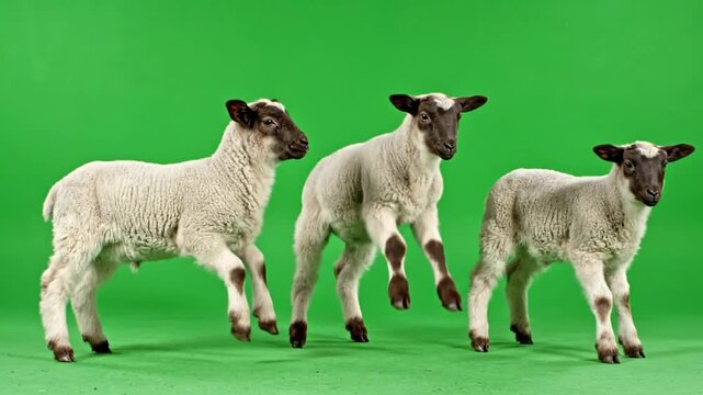 Three young lambs with black faces and white wool jumping playfully on a vibrant green background.