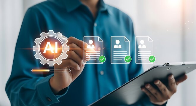 Aipowered recruitment and human resources management concept a professional using digital technology to screen and evaluate job candidate resumes with automated artificial intelligence software
