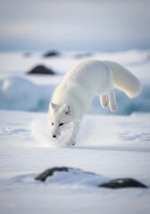 Fototapeta premium Arctic Fox Jumping into Deep Snow While Hunting in the Frozen Tundra Winter Landscape