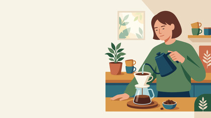 Fototapeta premium Woman Brewing Pour-Over Coffee in Modern Kitchen Illustration with Copy Space