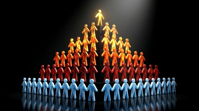 A conceptual image of a social hierarchy or business organization structure represented by a pyramid of human figures with a glowing leader at the top