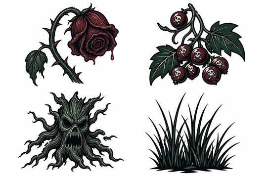 Gothic Garden Elements Bleeding Dark Rose Skull Berries Branch Spooky Tree Spirit and Thorny Grassy Patch Collection for Spooky Themed Designs and Macabre Art Projects. HalloweenVectorIconSetBundleCol