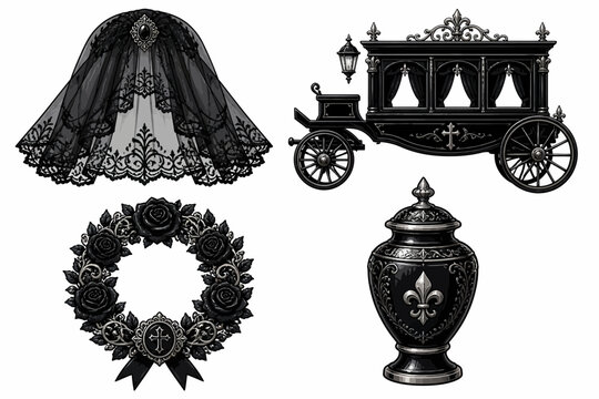 Somber Funeral Accouterments Depicting Mourning Traditions A Lace Veil Ornate Hearse Floral Wreath and Cremation Urn Representing Grief Remembrance and Final Farewell Ceremonies. HalloweenVectorIconSe