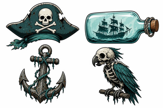 Embark on an adventurous maritime journey with a classic pirate hat adorned with a skull and crossbones a ghostly ship captured within a glass bottle a weathered anchor entwined with seaweed and a ske