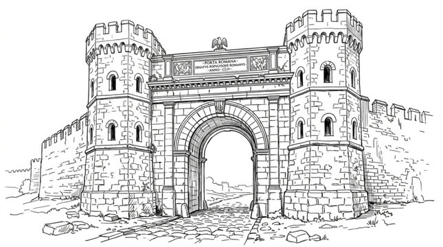Ancient stone fortress gate with battlements and arched entrance.