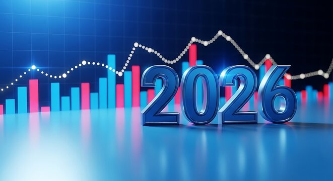 3d rendering of the year 2026 with a financial stock market graph in the background, representing economic growth, investment trends, and future market predictions