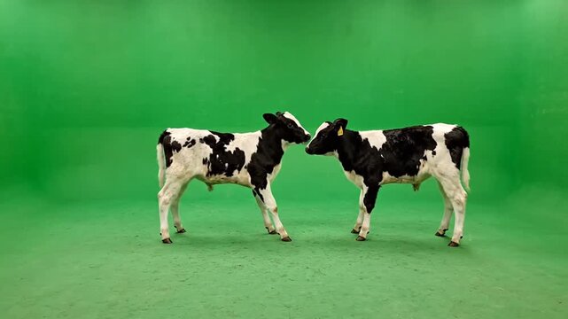 Two black and white Holstein calves standing face to face on a vibrant green studio background, looking at each other.