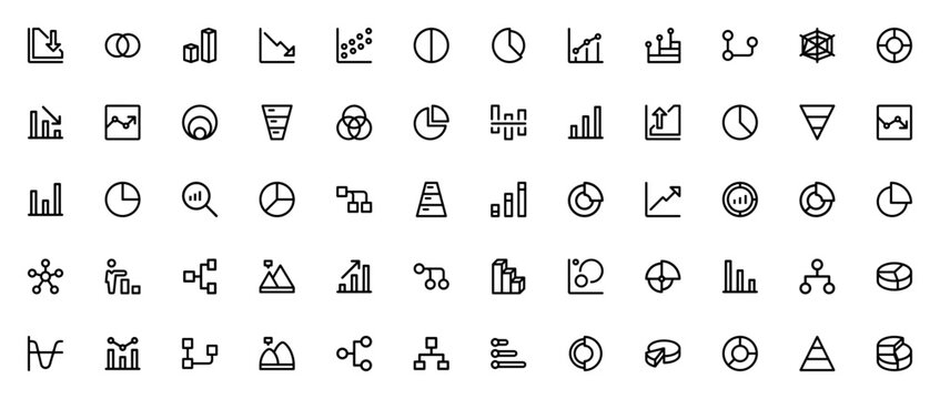 Chart icon set. Analytics vector icons pack. Minimalist line art. Includes symbols for data, metrics, statistics, trends, growth and more. Editable stroke.