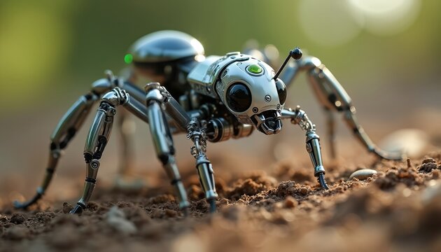 Mechanical ant robot crawls on dirt ground surface. This tiny cyborg insect has shiny metal body and articulated legs. It explores natural environment with green bokeh background. Future tech concept.