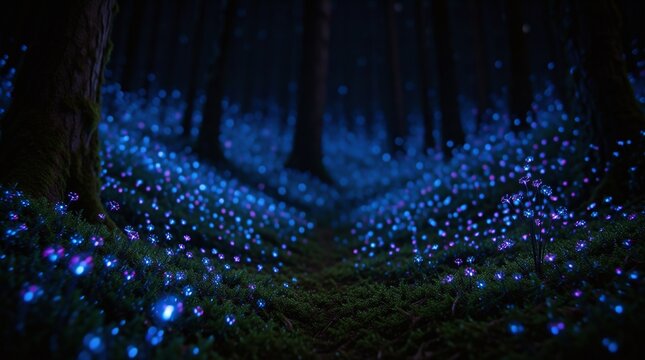 Blooming Bioluminescent Forest Night Magical Bokeh Variation 276