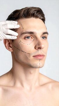 Young Man With Surgical Markings And Pdo Thread Lift Procedure On Face In Clinical Setting Studio Portrait