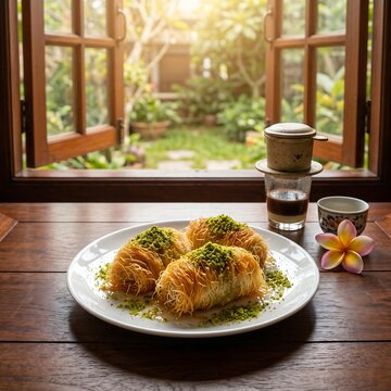 Kataifi pastry bundles, made of shredded phyllo dough, filled with nuts and soaked in honey syrup. Dusted with ground pistachios on a white dessert plate. Square format. 1:1 ratio