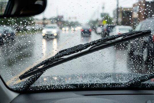 Driving in the rain with windshield wipers clearing water droplets.