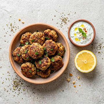 bowl of golden-brown Keftedes (Greek meatballs) seasoned with cumin and mint, served in a shallow earthenware bowl. Next to it, a small ramekin of creamy tzatziki and a slice of lemon. Set on a light 