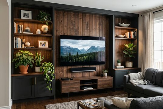 Modern Living Room Entertainment Center with Large Television and Bookshelves.