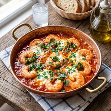 Garides Saganaki (shrimp saganaki) in a bubbling tomato sauce with melted feta cheese and fresh parsley. Served in a traditional small copper or cast-iron pan. Square format. 1:1 ratio