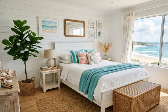 Serene Beachfront Bedroom Oasis with Ocean View and Coastal Decor.