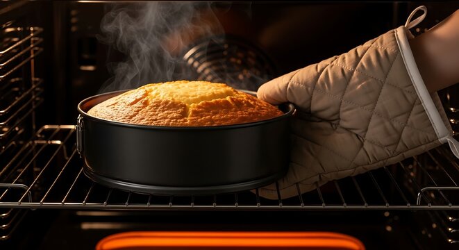 Hand in oven mitt removing cake from springform pan in oven