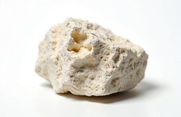 Obraz premium Porous light colored rock, likely diatomite, isolated on plain white background. Detailed texture shows small holes and rough surface for natural science or geology use.