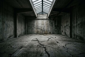 Fototapeta premium Abandoned Industrial Warehouse Interior with Cracked Concrete Floor and Skylight.
