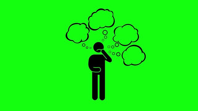 Animation of worried person with 5 thought cloud bubbles, man is considering to make a decision, green background, 4k video
