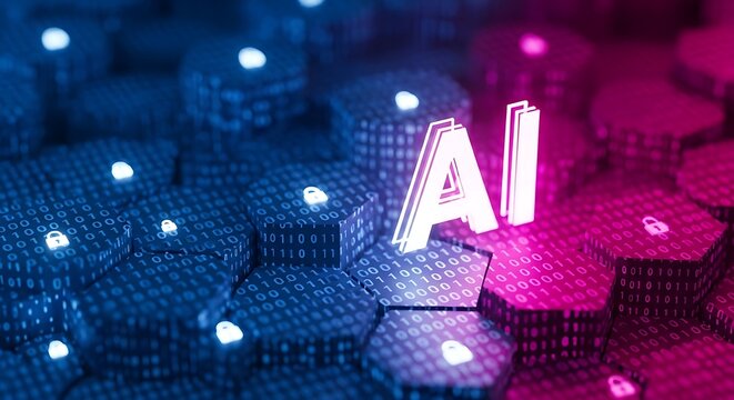 Artificial intelligence ai technology concept with binary code and digital security locks on hexagonal blocks
