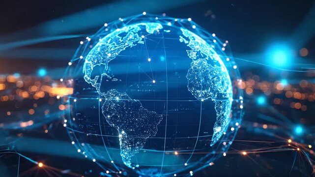 Digital blue wireframe globe with interconnected network lines and glowing data points on a dark background
