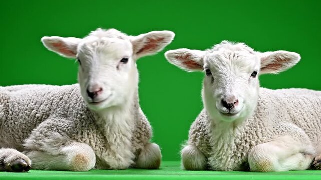 Two adorable white lambs resting peacefully against a vibrant green background, looking directly at the viewer.