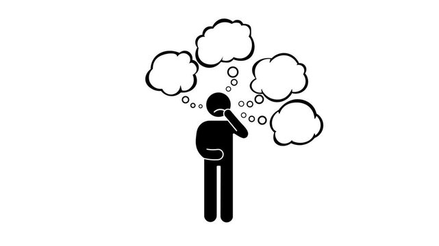 A black silhouette of a person with abstract thoughts above their head. The overthinking icon represents stress, confusion, worry, and mental overload.